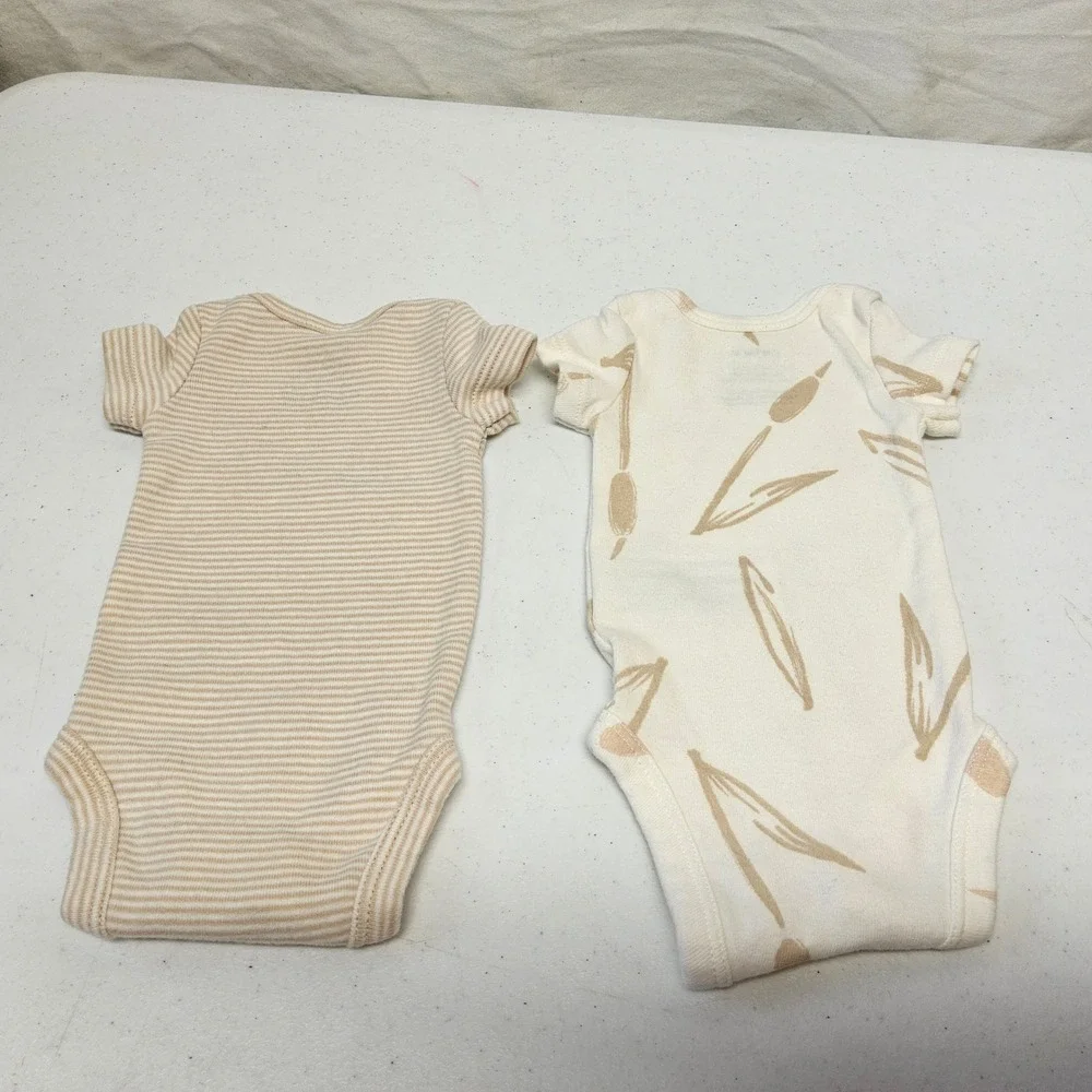 Carter's Bodysuit Set Kids Preemie Beige Tan Striped Botanical 2 Pc Short Sleeve